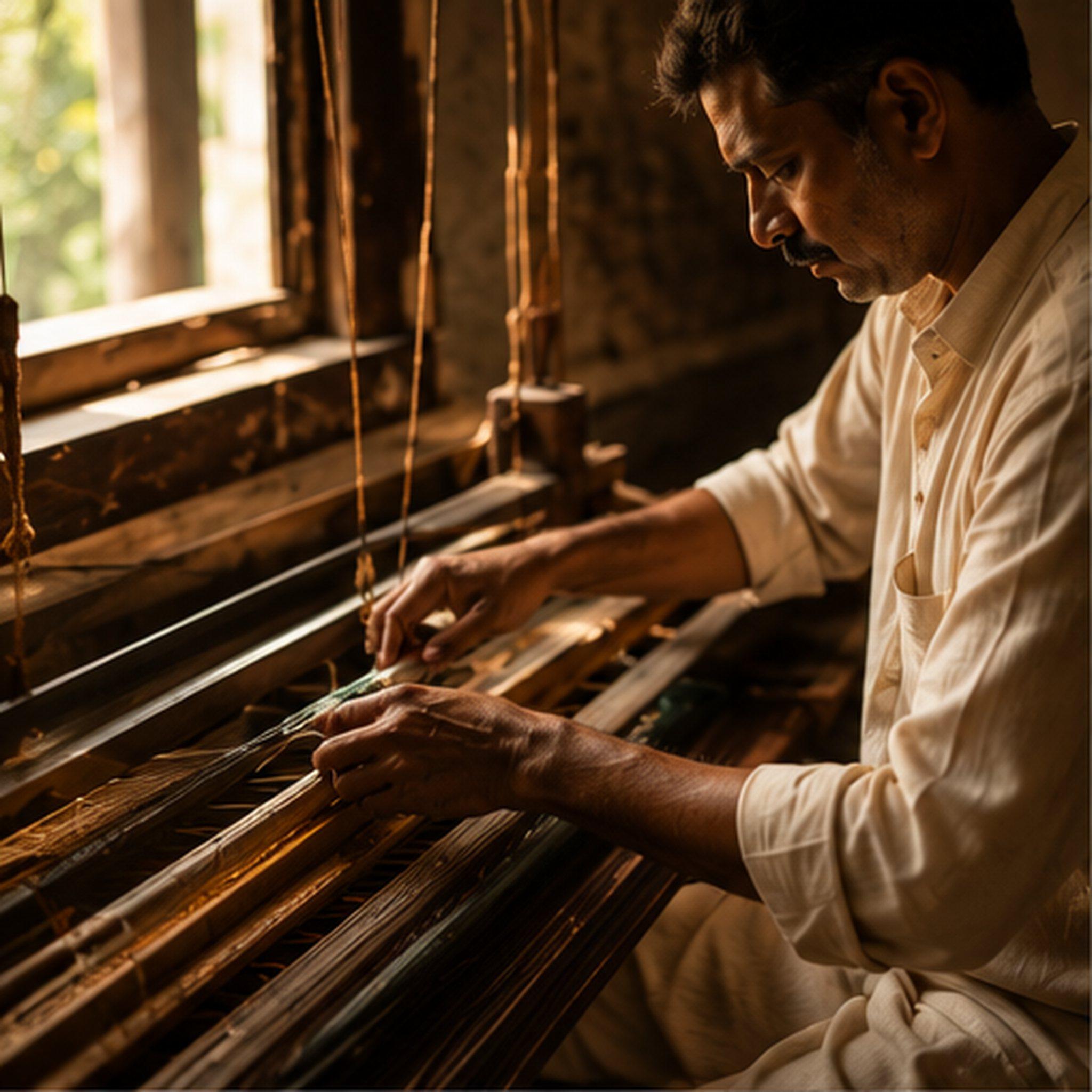 A weaver at the handloom, warp threads in the morning light